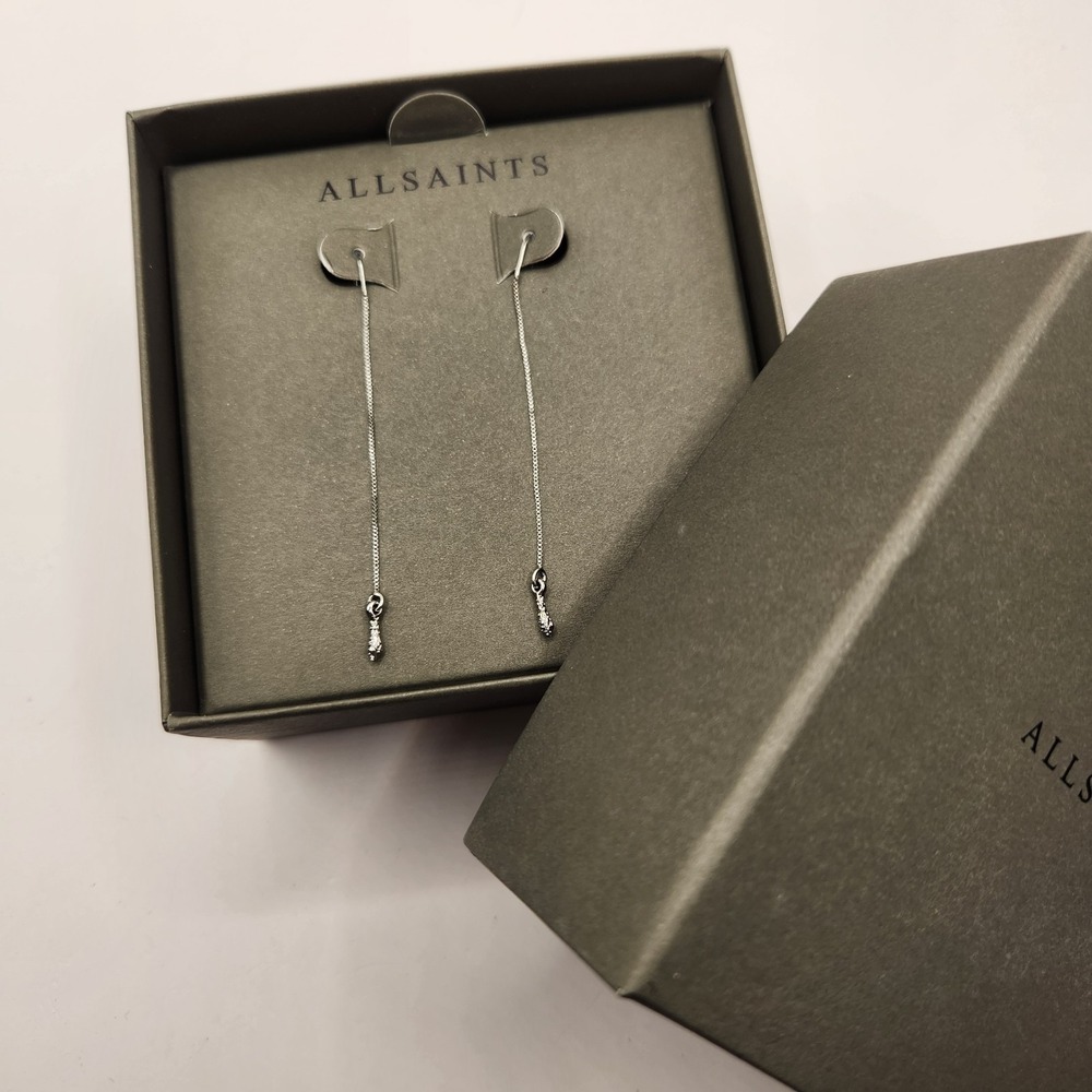 New AllSaints Rhodium Plated Box Chain Threader Drop Earrings silver Teardrop